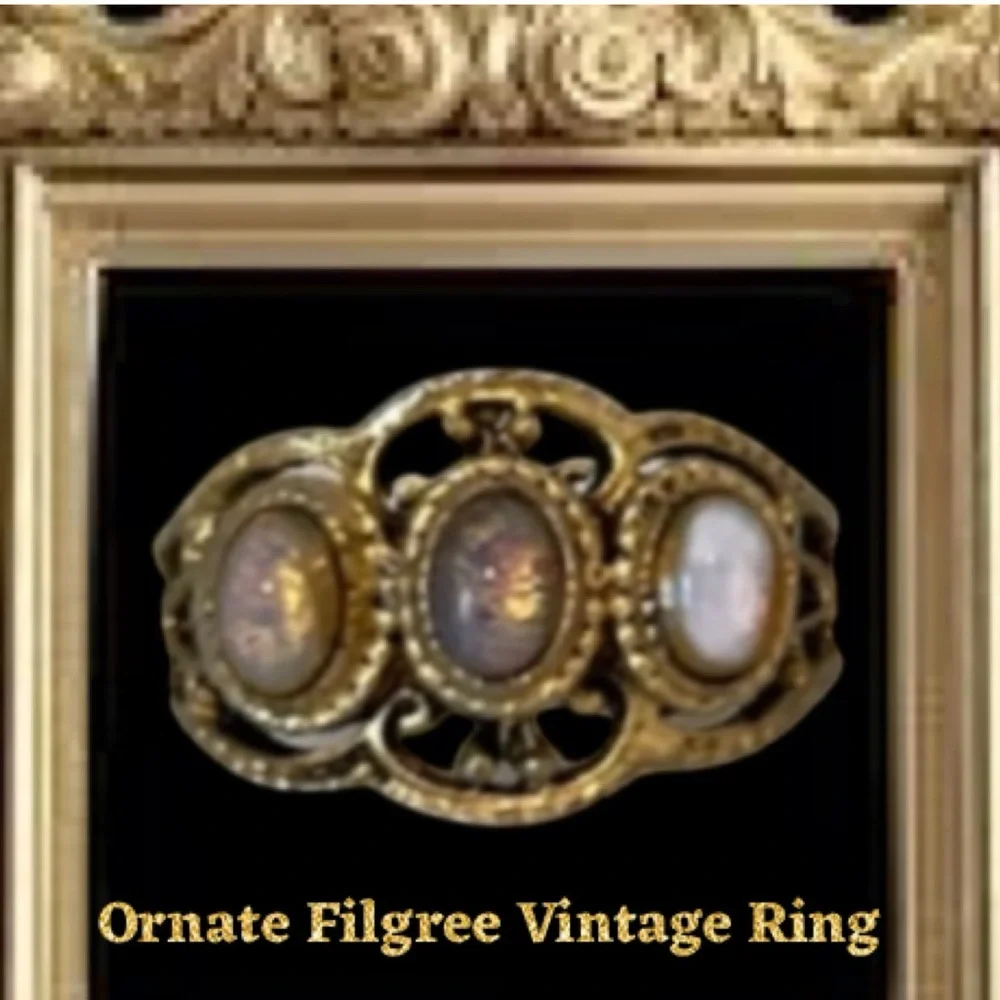 Elegant Vintage Ring 3 Stone Bezel Opal Moonstone Delicate Ornate Gold Filigree